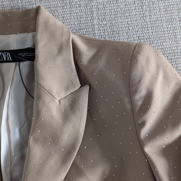 New Zara embellished rhinestone semi dropped blazer beige tan neutral sparkle - Picture 4 of 15